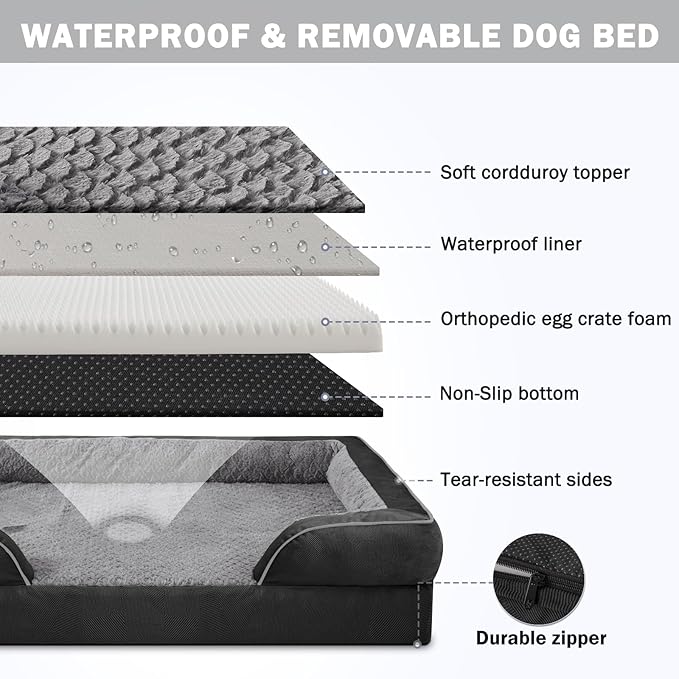 INVENHO Orthopedic Dog Bed for Extra Large Dogs, XXL Egg-Crate Foam Dog Couch with Washable Removable Cover, Waterproof Lining and Nonskid Bottom