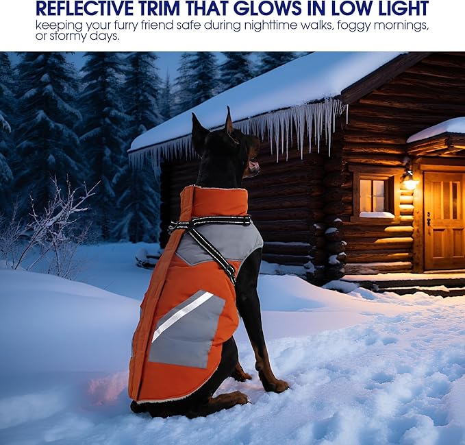 FUAMEY Dog Winter Jackets for Large Dogs,Dog Coat with Harness Built in,Waterproof Dogs Snowsuits Warm Pet Jacket Zip Up Fleece Cold Weather Coats Reflective Puppy Vest with Pocket Orange XL