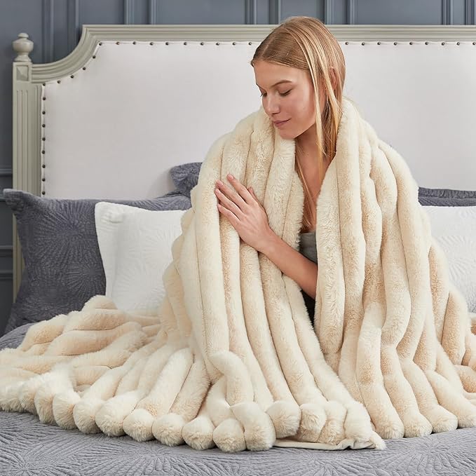 Cozy Bliss Faux Fur Throw Blanket for Couch, Cozy Warm Plush Striped Blanket for Sofa Bedroom Living Room, 108 * 90 Inches Beige