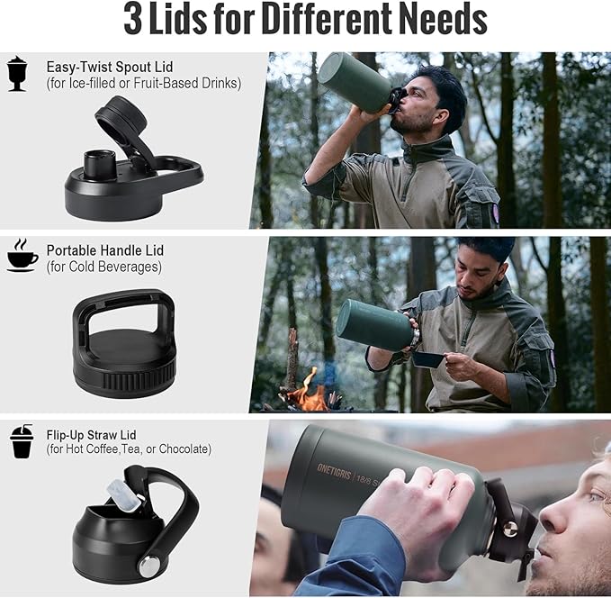 OneTigris Tactical Half Gallon Water Bottle with Straw - 64 oz Vacuum Insulated Stainless Steel Water Jug, Leakproof Sport Bottle with 3 BPA Free Lids, Paracord Handle & MOLLE Water Pouch for Outdoor