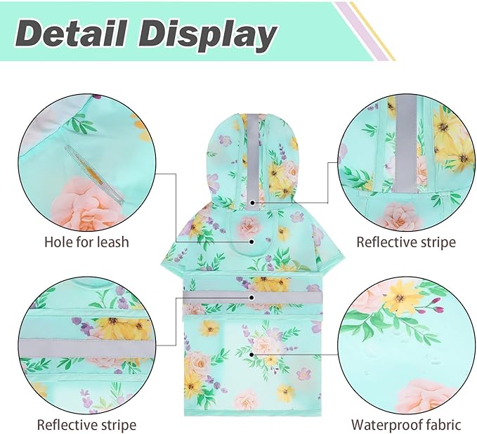 KOOLTAIL Dog Raincoat Hooded Slicker Poncho with Leash Hole, Dog Raincoat for Small Medium Dogs, Waterproof Pet Rain Jacket with Reflective Strip, Adjustable Breathable Puppy Rainwear