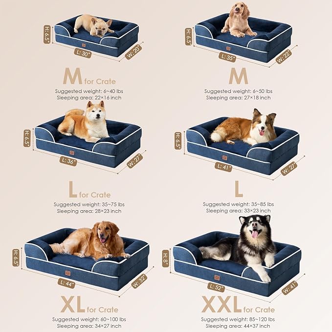 EHEYCIGA Orthopedic Dog Beds for Large Dogs, Waterproof Memory Foam Large Dog Bed with Sides, Non-Slip Bottom and Egg-Crate Foam Pet Couch Bed with Washable Removable Cover, Navy