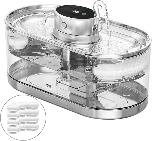 Cat Water Fountain Cordless, 108oz/3.2L Cengcen Wireless Pet Water Fountains Battery Operated 5000mAh, Chew-Proof Charging Cable with Adapter, Stainless Steel Transparent, Premium Edition