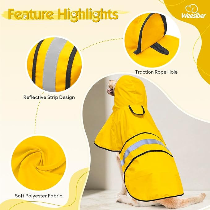 Weesiber Dog Raincoat, Adjustable Waterproof Dog Rain Jacket Poncho with Reflective Strip and Leash Hole, Lightweight Pet Rain Coat for Small to X-Large Dogs (XL, Yellow)