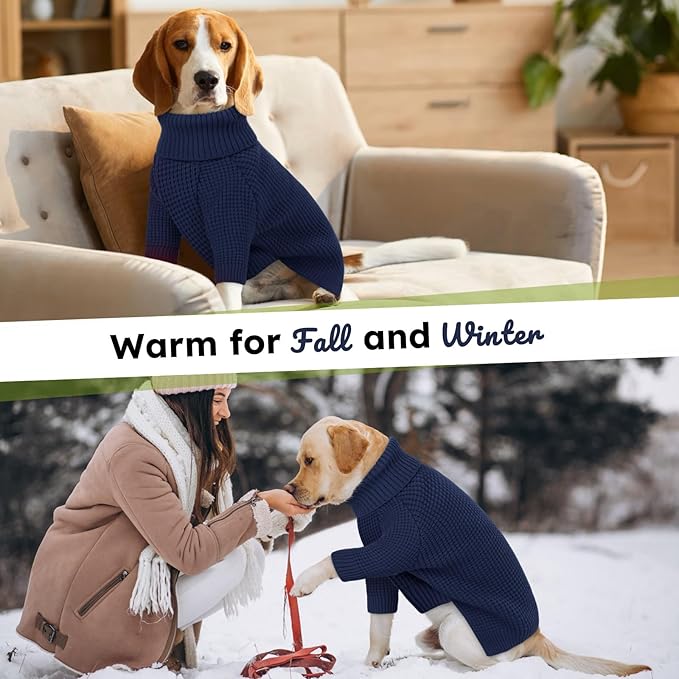 Queenmore XXL Dog Sweater, Large Paild Dog Sweaters, Turtleneck Pet Sweaters for Large Breeds, Cold Weather Doggie Clothes, Navy Blue 2XL