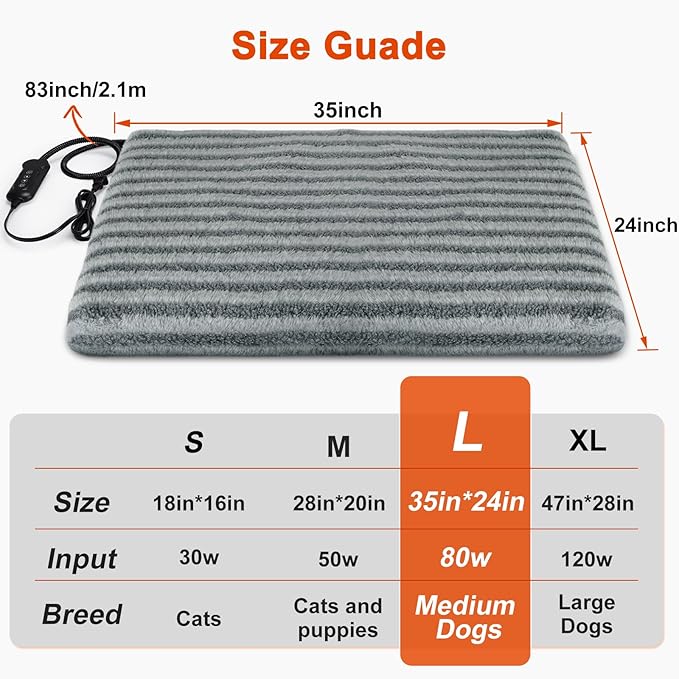 Large Pet Heating Pad, Waterproof Heated Dog Cat Bed with 11 Adjustable Temperatures & 24H Timer, Auto Shut-Off, Chew-Resistant Cord, Washable Cover, Indoor Electric Heating Mat, Grey, L(35" x 24")