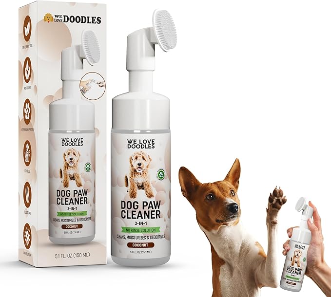 Dog Paw Cleaner (Over 100+ Feet Cleanings) No-Rinse Dog Foot Washer, Gentle and Safe Paw Cleaner for Dogs and Cats, Foam Formula, Moisturizes and Deodorizes, 150mL (Coconut) [We Love Doodles]