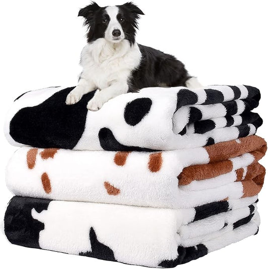 Rezutan 1 Pack 3 Blankets for Dogs, Dog Blanket for Large & Medium Pet Cat, Premium Soft Fluffy Suitable for Dog Kennels & Beds, Sofas, Gifts Puppy Essentials, 41x31inch, Black Brown White Cow Print