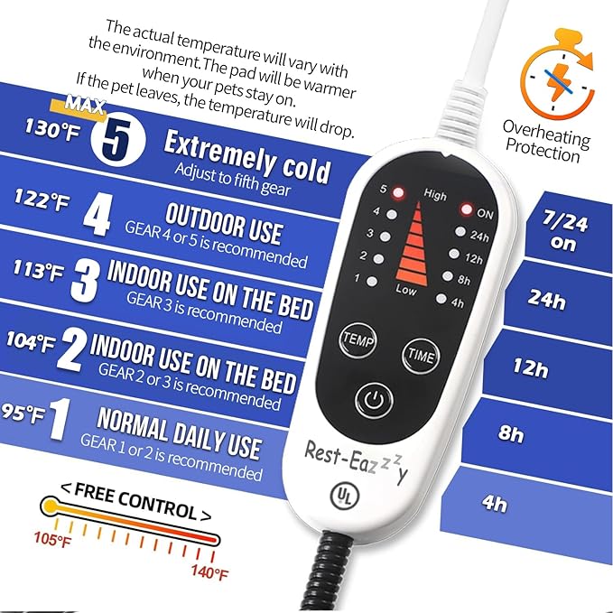 Rest-Eazzzy Heated Cat Bed with Removable Cover, 5 Level Timer & Temperature, Indoor Warming Mat for Cats & Dogs (Heat Pad, Pure-Blue, M)