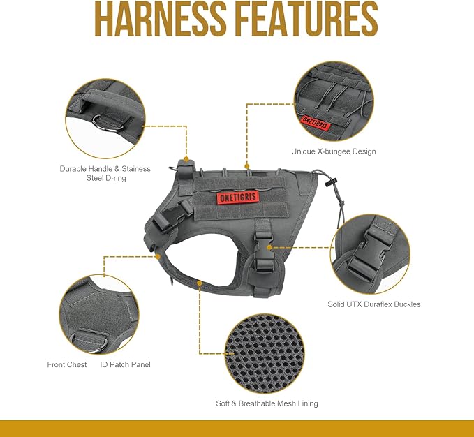 OneTigris Tactical Dog Harness Vest,Adjustable Dog Harness for Large Dogs,No-Pull Service Dog Vest with Hook & Loop Panels(Grey,X-Large)