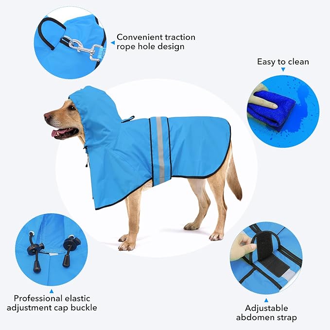 Waterproof Reflective Dog Raincoats - Adjustable Puppy Rain Coat Jacket, Lightweight Dog Hooded Slicker Raincoats Poncho for Small to X- Large Dogs and Puppies (Blue, Small)