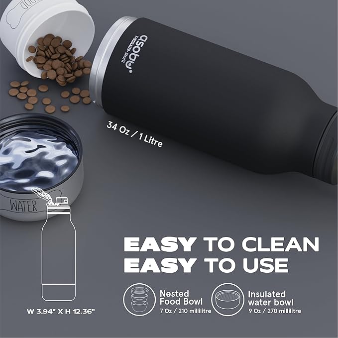 Asobu Dog Barky Bottle – Insulated Stainless Steel Water Bottle with 2 Removable Dog Bowls for Food, Treats & Water – Pet-Friendly Travel Bottle for Hiking, Road Trips & Outdoor Adventures