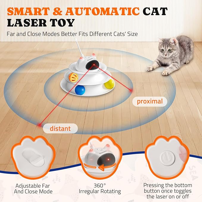 Interactive Cat Toy: 5 in 1 Automatic Cat Toy for Indoor Cats, Rechargeable Hide and Seek Toy with PVC Cover, Battery Operated Kitten Laser Toy, Self Play Fluttering Feather Wand with Track Ball