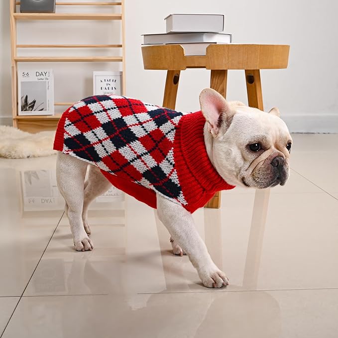 Dog Sweater for Medium Dogs Plaid Checkered Knit Turtleneck Pullover Winter Clothes Boys Girls Stretch French Bulldog Dachshund Corgi Beagle Pug Christmas Pet M