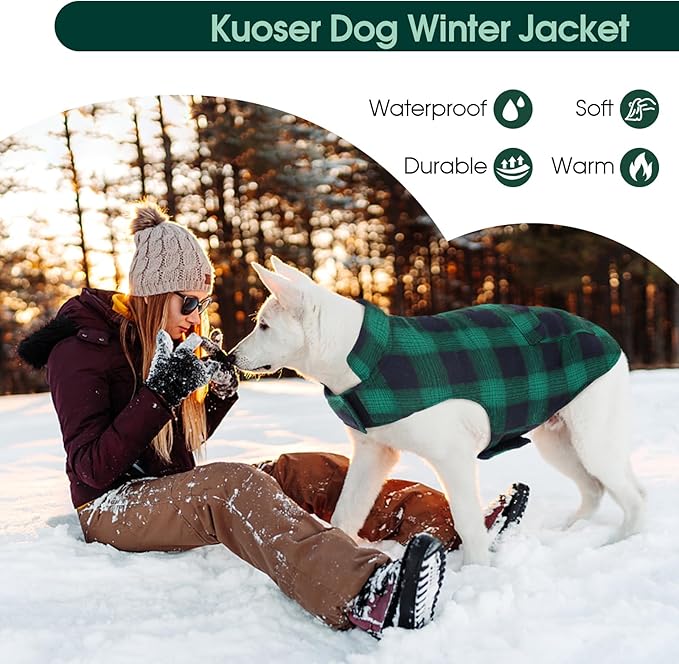 Kuoser Dog Winter Coat, Reversible Dog Jacket, Warm Doggie Coat British Style Puppy Cold Weather Coats, Windproof Pet Clothes for Extra Large Dogs Green XXXL