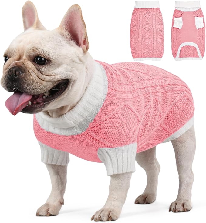 Dog Sweater for Medium Dogs Argyle Cable Knit Turtleneck Pullover Winter Clothes Boys Girls French Bulldog Dachshund Corgi Beagle Pug Pet (L, Pink)