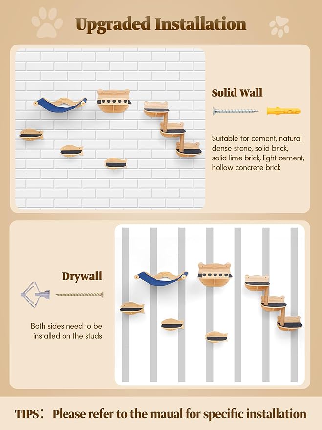 Cat Wall Shelves, 8 in 1 Cat Wall Furniture Set for Large Adult Kittens, Wooden Climbing Wall Shelves with Scratching Post, Hammock, Jumping Platform, Steps