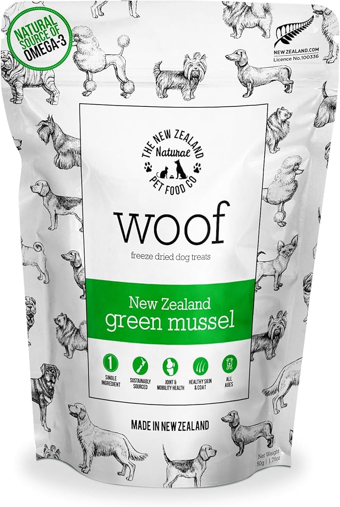The New Zealand Natural Pet Food Co. WOOF Freeze Dried Dog Treats - High Protein, Small & Large Dog, Natural, Topper, Treat, Green Mussels - 1.76 oz