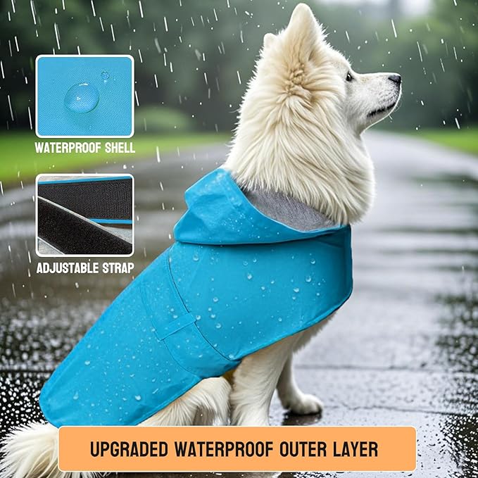 Dog Raincoat Dog Rain Jacket Poncho Waterproof Pet Rain Suit Double Layer Breathable Lining Hooded Leash Hole Adjustable for Medium Dogs,Blue,XXXL
