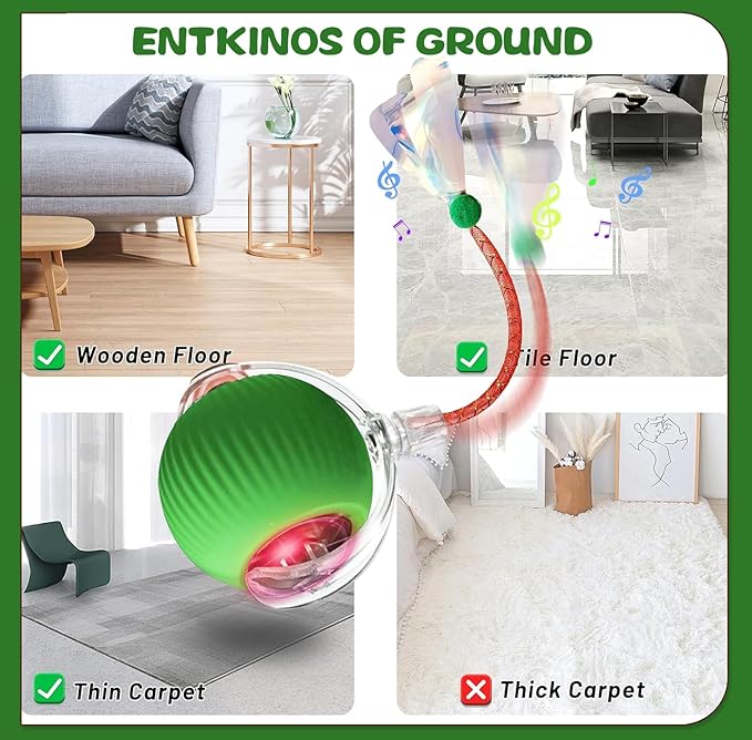 Interactive Cat Toys for Indoor Cats, Speedy Moving Ball Cat Toys with Colorful Tail, Smart Interactive Cat Rolling Ball (Green)