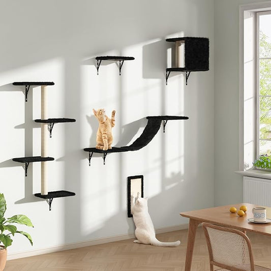 Cat Wall Shelves, Wall Mounted Cat Furniture, Cat Wall Cimber with Perches, Scratchers and Condo, Set of 5 (Black)
