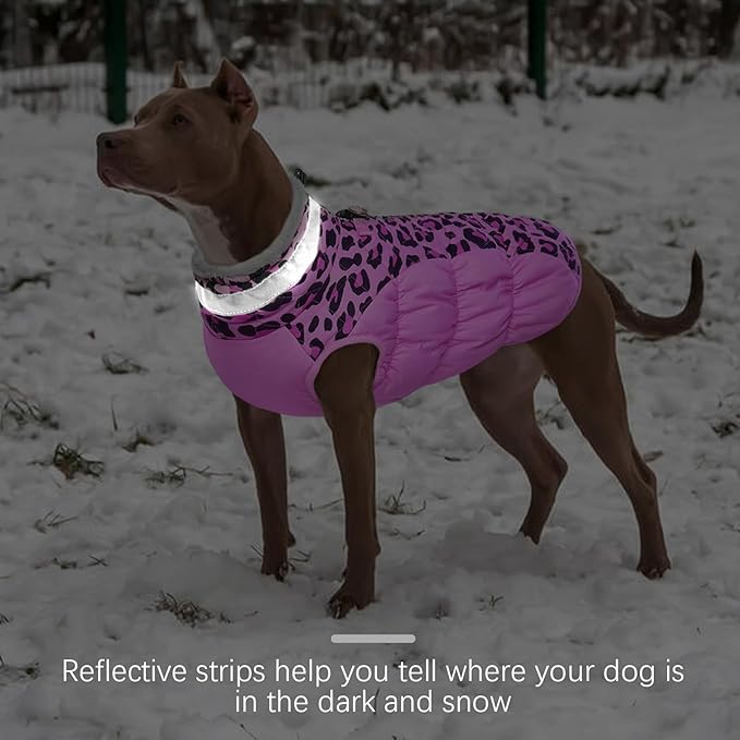 FUAMEY Dog Coat for Medium Dogs,Waterproof Dog Winter Jacket with Harness Built in Puppy Cold Weather Coats Reflective Pet Vest with Zipper Warm Fleece Dogs Snowsuit Windproof Pink Leopard M