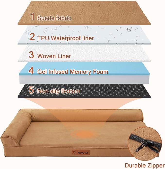 Orthopedic Dog Beds Large Sized Dog, Memory Foam Pet Bed for Medium and Large Dogs, Removable and Washable Microsuede Cover, TPU Waterproof Liner, Nonskid Bottom, 41x27x6 Inches, Khaki