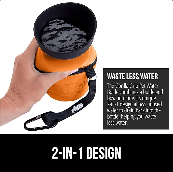 GORILLA GRIP Dog Water Bottle, Portable Water Bowl Dispenser for Dogs, 20 oz Leak Proof Pet Travel Squeeze Bottles, Food Grade Silicone, To Go Puppy Essentials, Hiking Camping Trip Accessories, Orange