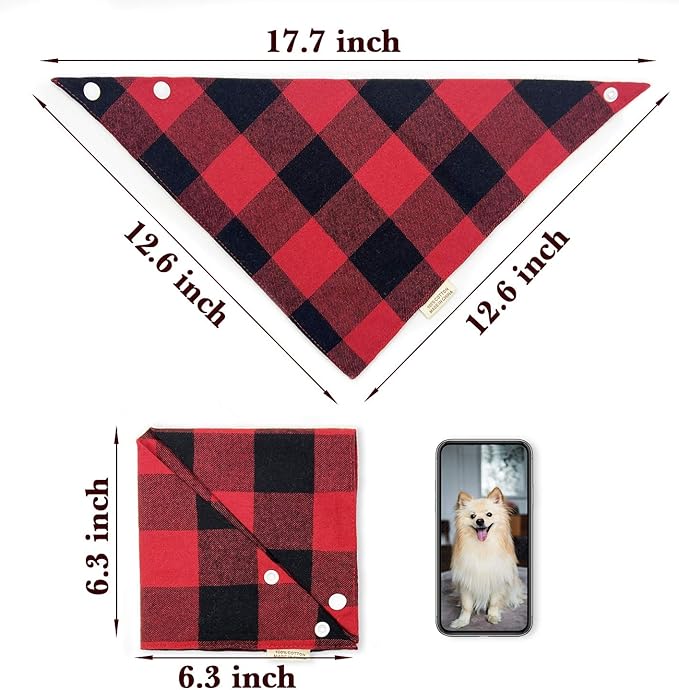 5PCS Dog Bandanas with Button - Thick Triangle Bibs Dual Layer Soft Cotton Scarves for Small Medium Boy Girl Puppy Cat Pet Baby Square Plaid Printing Washable Kerchief Halloween Costumes Outfits