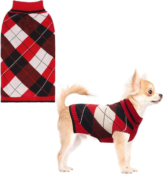 KOOLTAIL Dog Sweater for Small Dogs, Puppy Knitted Clothes - Classic Plaid Pullover Turtleneck Thick Warm Fall Cat Sweaters with Leash Hole, Dog Winter Clothes for Chihuahua Dachshund Girls Boys, XS