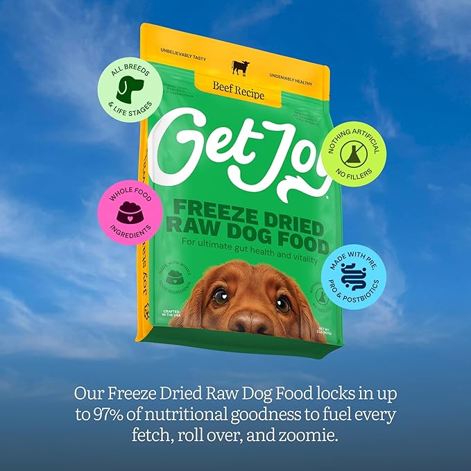Get Joy Freeze Dried Raw Beef Dog Food, High Protein Grain Free Meal, Topper & Treat, Gut Health Support with Probiotics, Small to Large Breed, 32oz Bag