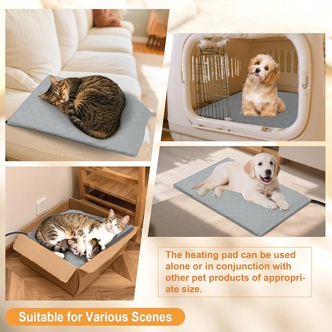 Pet Heating Pad for Cats & Dogs Indoor Outdoor, Warming Cat Heating Pad with Chew Resistant Cord, Adjustable Temperature and Time, Heated Pet Bed Mat Waterproof for Cats Dogs (Grey, 15.7'' × 27.6'')