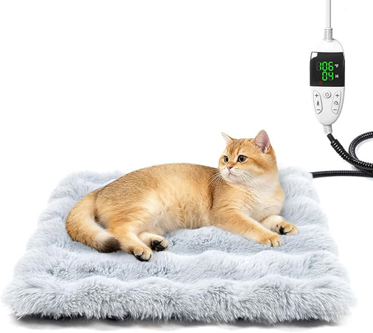 Cat Heating Pad, Pet Heating Pad with Smart Thermostat, 12 Temp Levels & 0-12H Timer, Plush Fleece Cover, Waterproof & Chew Resistant, 18x18in for Cats and Small Dogs