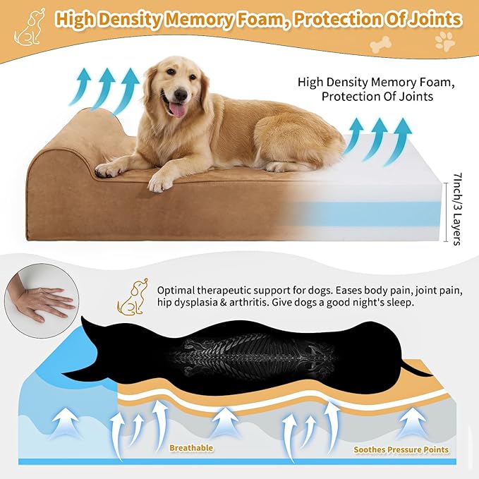Orthopedic Dog Beds for Large Dogs, 7" Memory Foam Dog Beds with Waterproof Liner, Chew Proof Microsuede Cover, Removable and Washable, Nonskid Bottom, 48"x30"x7" L Khaki
