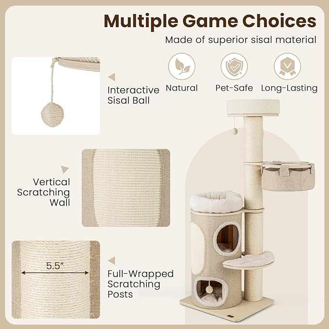 PETSITE 61 inch Cat Tree Tower, Multi-Level Wooden Cat Tower with Sisal Scratching Posts & Board, 2-Tier Condo, 2 Perches, Side Basket, and Interactive Sisal Ball