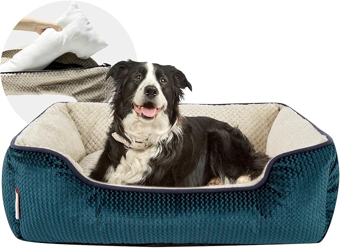 Miguel Removable Washable Dog Bed for Medium Dog Easy Clean - Rectangle Pet Bed for Large Cats with Zipper Cover Bolster Cuddle Puppy Bed with Supportive Side Wall Slip-Resistant Bottom, Blue 35 Inch