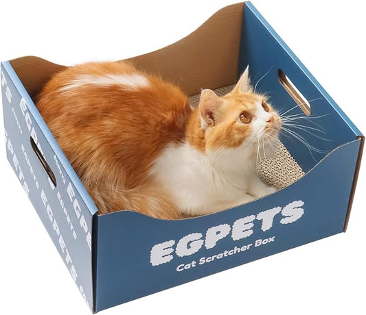 Cardboard Cat Scratcher Box with Extra-Large Double-Sided Sturdy Cat Scratching Board and Refillable Cat Scratch Pad, Hide, Scratch and Sleep, Easy to Clean and Assemble- EGPETS Cat Scratch Box Blue