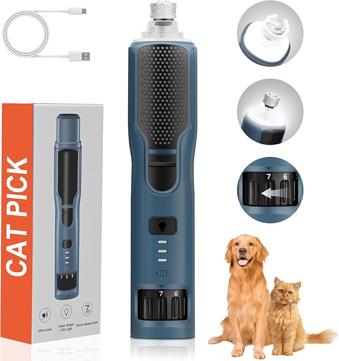 Dog Nail Grinder 7-Speed & 360° LED Light, Professional Pet Nail Grinder for Dogs and Cats, Electric Dog Nail Trimmer Painless Paws Grooming & Smoothing Tool for Large Small Dogs Cats Pets