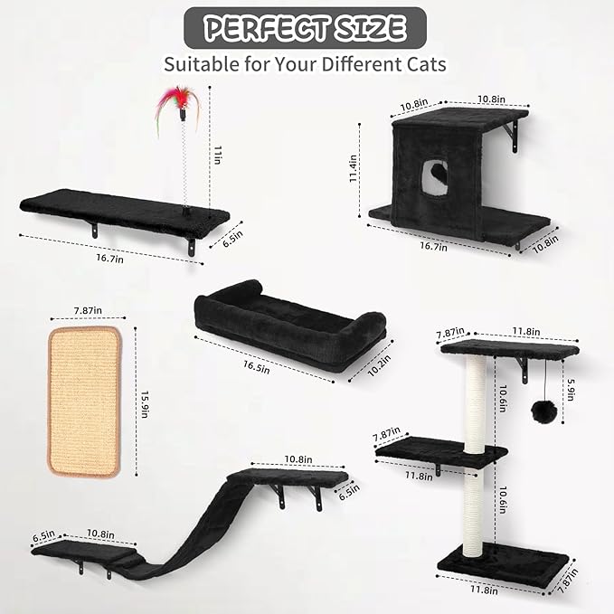 Cat Wall Shelves, 6 in 1 Cat Wall Furniture Set with Condos House, Bed, Bridge, Tree, Steps, Scratching Board, DIY Walls Playground for Indoor (Black)
