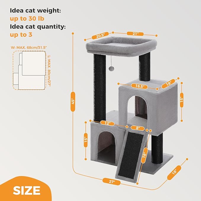 Cat Tree for Indoor Cats Adult, 45-Inch Heavy Duty Cat Tower with Sisal Scratching Ramp, 2 Cat Condo for Extra Large Cats, Big Top Perch, 3 Thick Black Scratching Posts (φ4.3) -Gray
