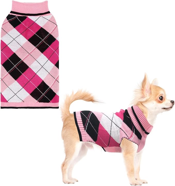KOOLTAIL Dog Sweater Pet Knitted Clothes - Classic Pink Plaid Pullover Turtleneck Thick Warm Fall Dog Sweaters with Leash Hole, Soft Winter Coats for Small Medium Large Dogs Cats Puppy Girls, S