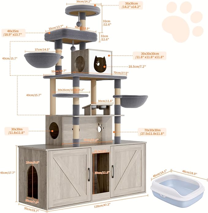 Cat Tree with 2 Litter Box Enclosures, All-in-One Cat Tower, Cat Condo with Sisal Scratching Posts, Hammocks, Detachable Plush Ball, Wooden Cat Furniture with Large Platforms, Grey