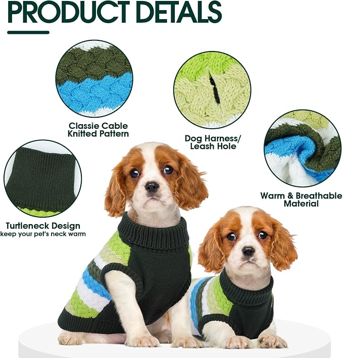 Kuoser Dog Sweater, Pet Cable Knitted Pullover Puppy Warm Clothes, Dog Turtleneck Classic Knitwear Soft Thickening Outfit, Cold Weather Xmas Thermal Wear for Large Size Dogs, Green 3XL