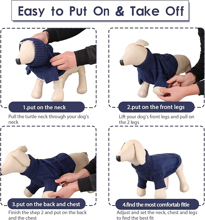 Queenmore Small Dog Pullover Sweater, Cold Weather Cable Knitwear, Classic Turtleneck Thick Warm Clothes for Chihuahua, Bulldog, Dachshund, Pug (Dark Navy, X-Large)