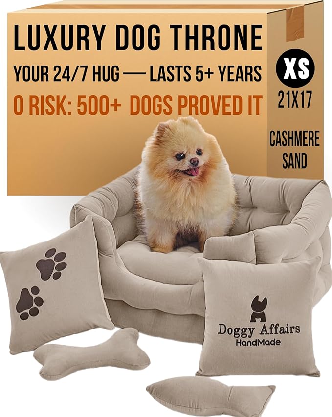 Luxury Dog Bed Chesterfield – Handcrafted Velvet Throne for Dogs | Joint Support, Calming & Temp-Regulating Comfort | Durable 5+ Years, Anti-Claw, Washable 100+ Times –Ivory, Size: XS