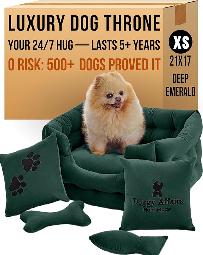 Luxury Dog Bed Chesterfield – Handcrafted Velvet Throne for Dogs | Joint Support, Calming & Temp-Regulating Comfort | Durable 5+ Years, Anti-Claw, Washable 100+ Times – XS, Green