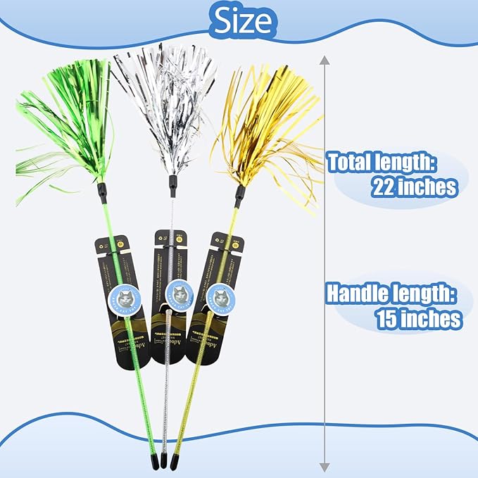 ADUCK Interactive Cat Teaser Wand Toy with Tassels - Durable Cat Chaser for Indoor Kitten Exercise, Boredom Relief & Training Play, Pack of 5 (Gold, Blue, Pink, Silver, Green)