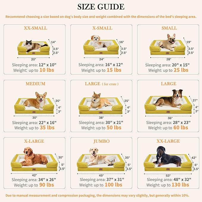 Comfort Expression Orthopedic Dog Bed for Extra Large Dogs 53x42 Inch, Waterproof Egg Crate Foam XXL Pet Bed with Removable Bolsters, Dog Couch with Washable Cover & Non-Slip Bottom, Spicy Mustard