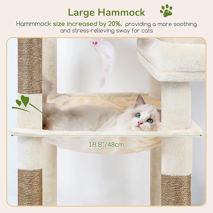 Globlazer Extra Large Platform Cat Tree, 65in Tall Sturdy Cat Tree for Indoor Cats Large Adult, Big Cat Tower for Big Cats with 3 Enlarged Perches, 6 Scratching Posts, Cat Condo, Hammock, S65, Beige