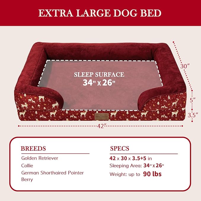 Comfort Expression Orthopedic Dog Bed for Extra Large Dogs 42x30 Inch, Waterproof Supportive Memory Foam XL Pet Bed with Removable Bolsters, Dog Couch with Washable Cover & Non-Slip Bottom, Red
